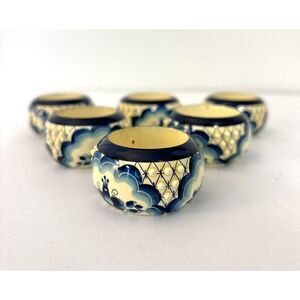 Vintage Russian Wood Hand Painted Blue And Cream Napkin Rings Set Of 6